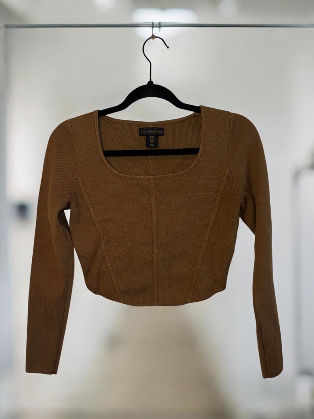 House of Harlow 1960 Brown Knit Square Neck Long Sleeve Cropped Corset Top M